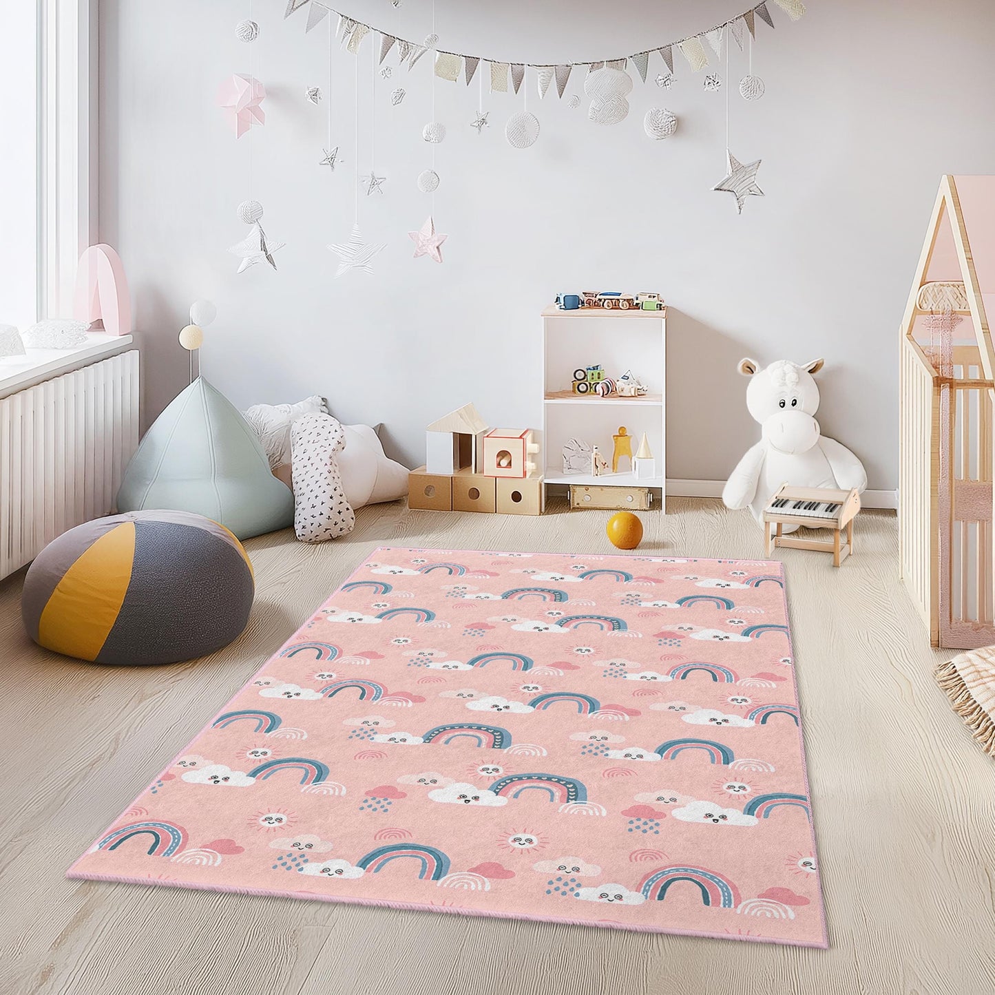 Rainbow Clouds Kids Rug: Pastel Nursery Playroom Carpet