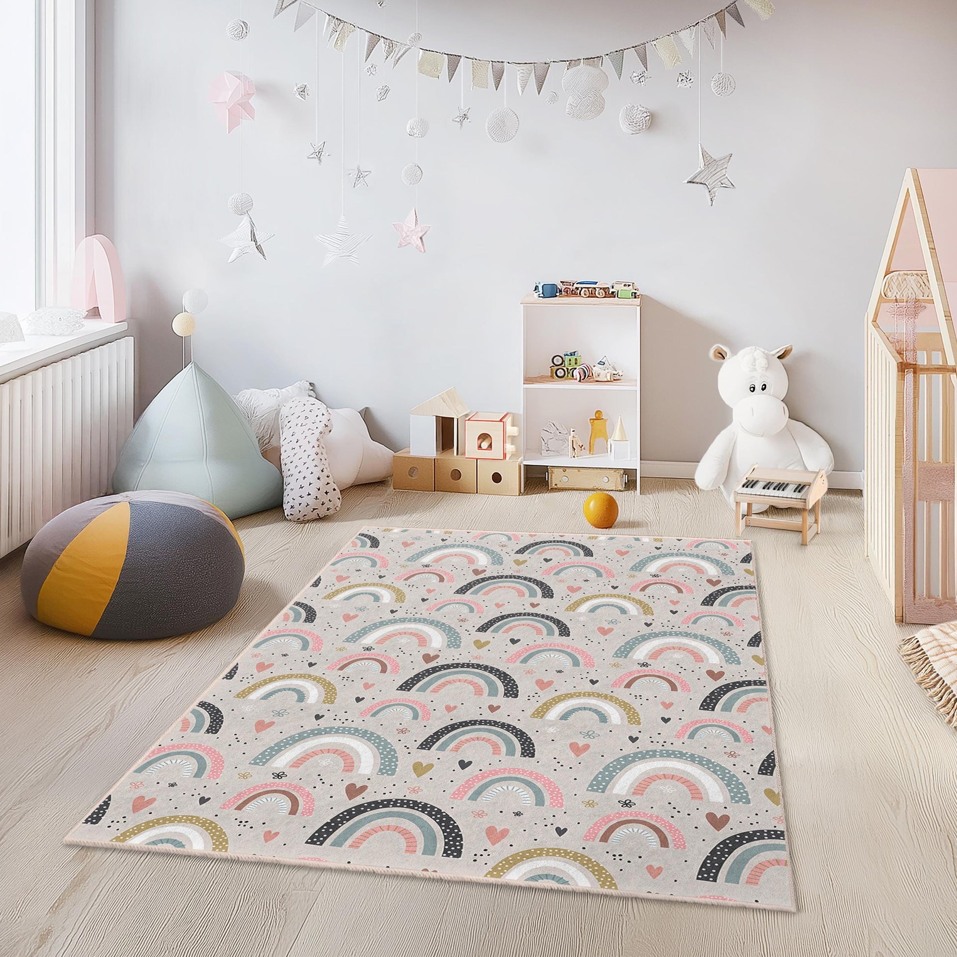 Rainbow Kids Rug: Soft Playroom Nursery Carpet