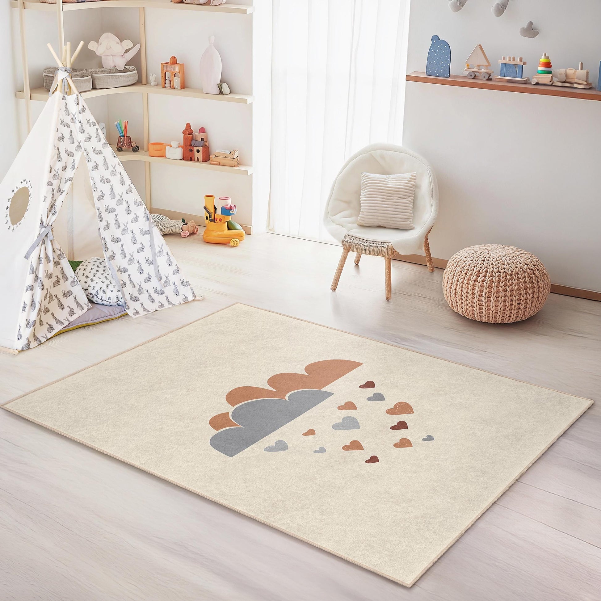 Clouds and Hearts Kids Room Rug, Cute Nursery Carpet, Rectangular Play Mat, Soft Baby Room Decor, Adorable Toddler Rug