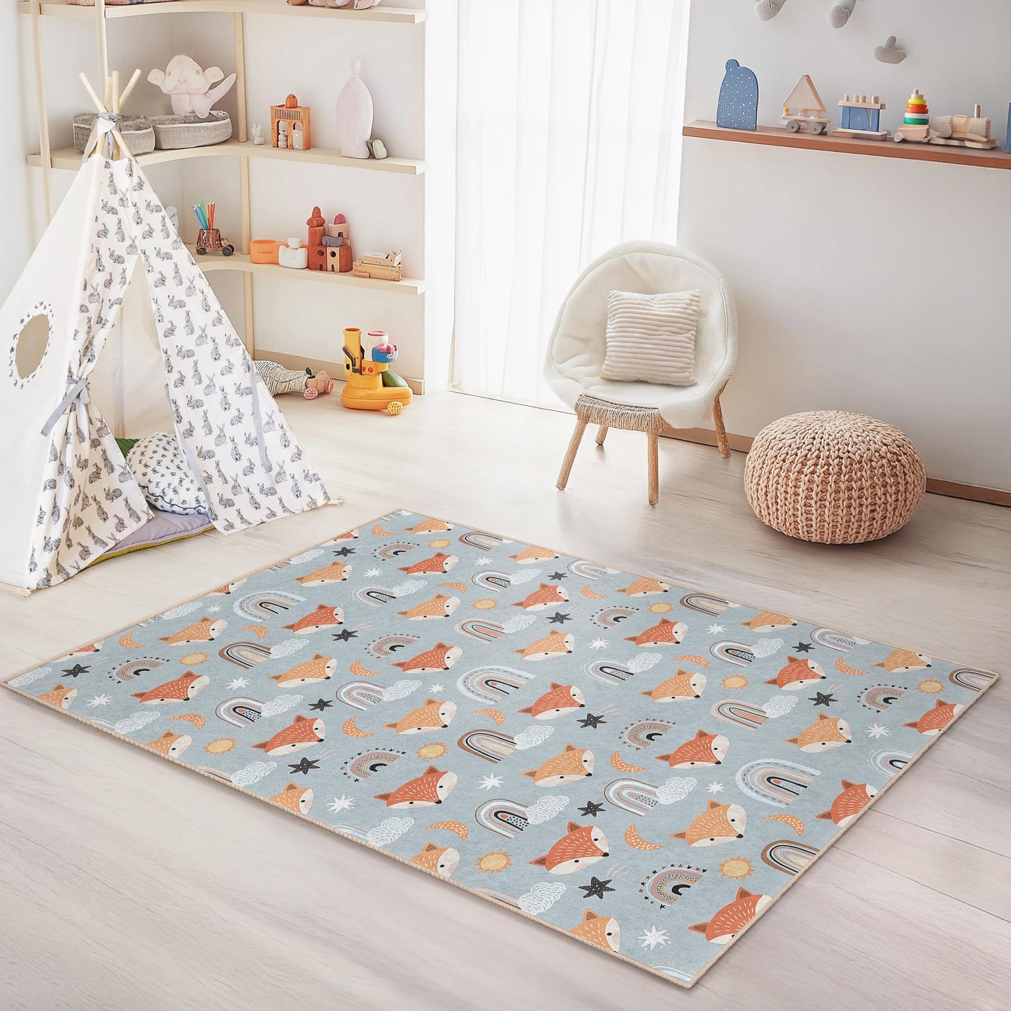 Whimsical Foxes and Rainbows Kids Rug, Rectangular Playroom Carpet, Cute Nursery Decor, Children's Room Rug, Soft Play Mat