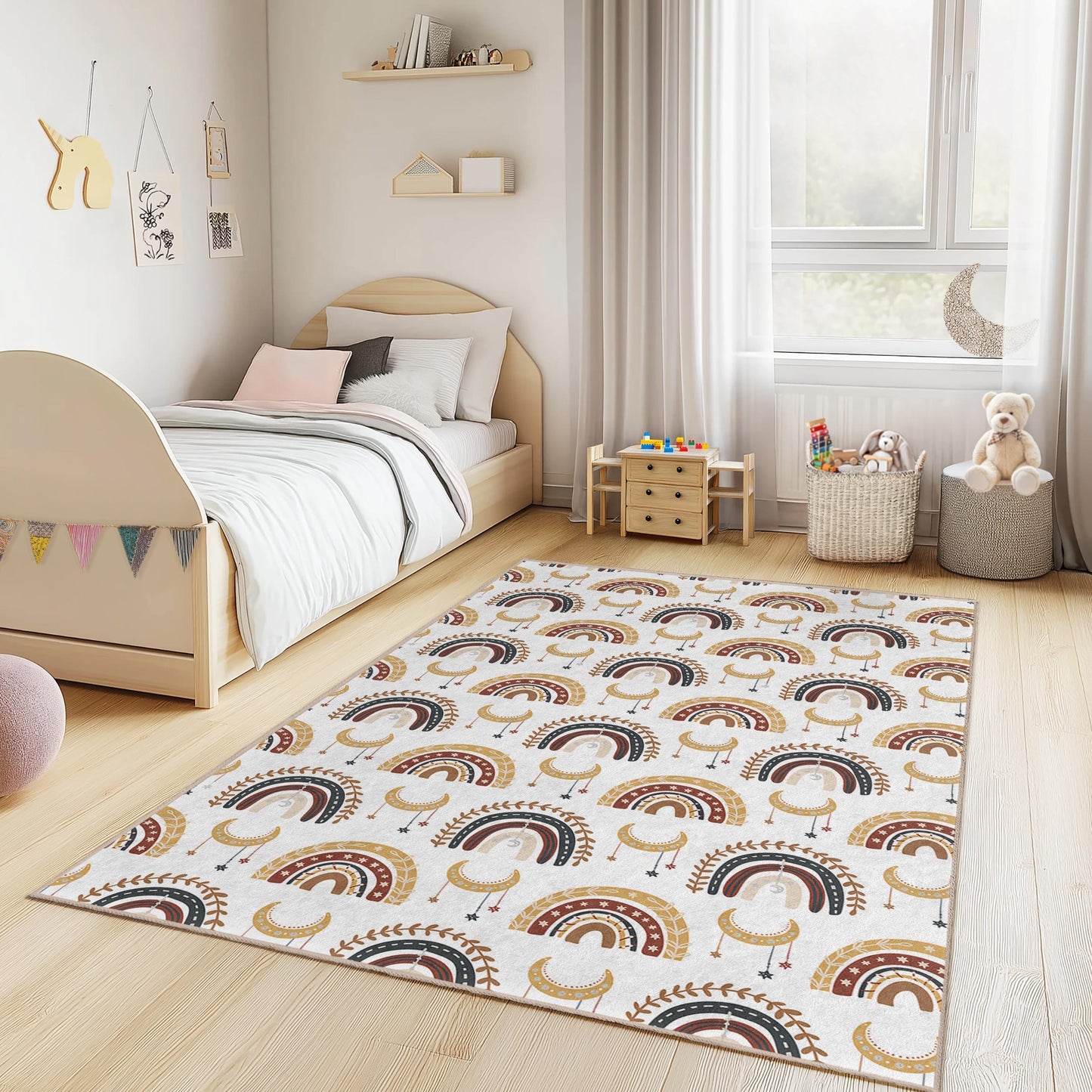 Colorful Rainbow Pattern Rectangular Kids Room Rug, Boho Nursery Carpet, Soft Kids Area Rug, Playroom Decor, Childrens Rug