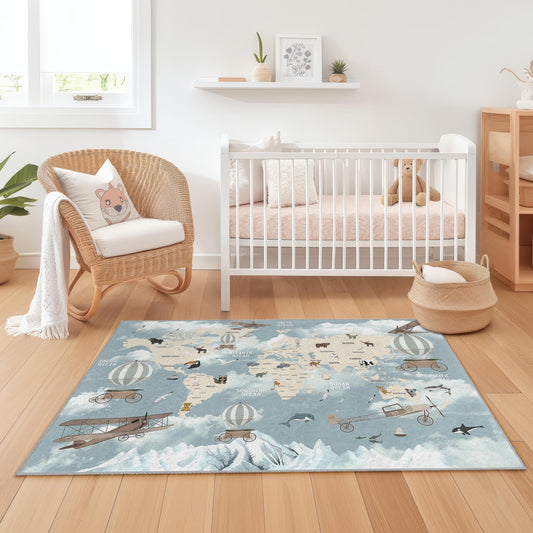 Vintage Airplane Adventure Rug, Kids Room Decor, World Map Rug, Educational Play Mat, Childrens Bedroom Carpet, Airplane Theme Rug