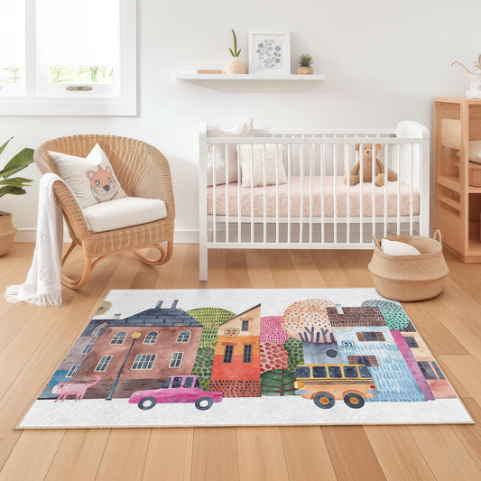 Colorful Village Scene Rectangular Kids Rug, Playful Home Decor, Soft Area Rug For Children's Room, Nursery Decoration