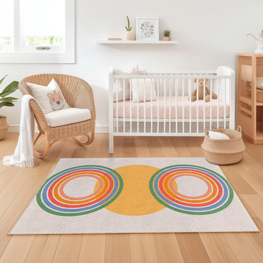 Colorful Circular Pattern Rectangular Kids Rug, Playroom Carpet, Soft Nursery Floor Mat, Modern Kids Room Decor, Vibrant Area Rug