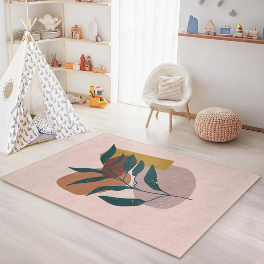 Abstract Leaf Design Rectangular Area Rug, Modern Plant Pattern Rug, Decorative Floor Mat for Kids Room, Nursery, Living Room Decor