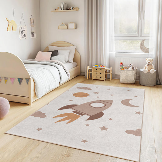 Rocket and Stars Rectangular Kids Rug, Space Theme Nursery Carpet, Playroom Decor, Cozy Children's Rug, Outer Space Play Mat