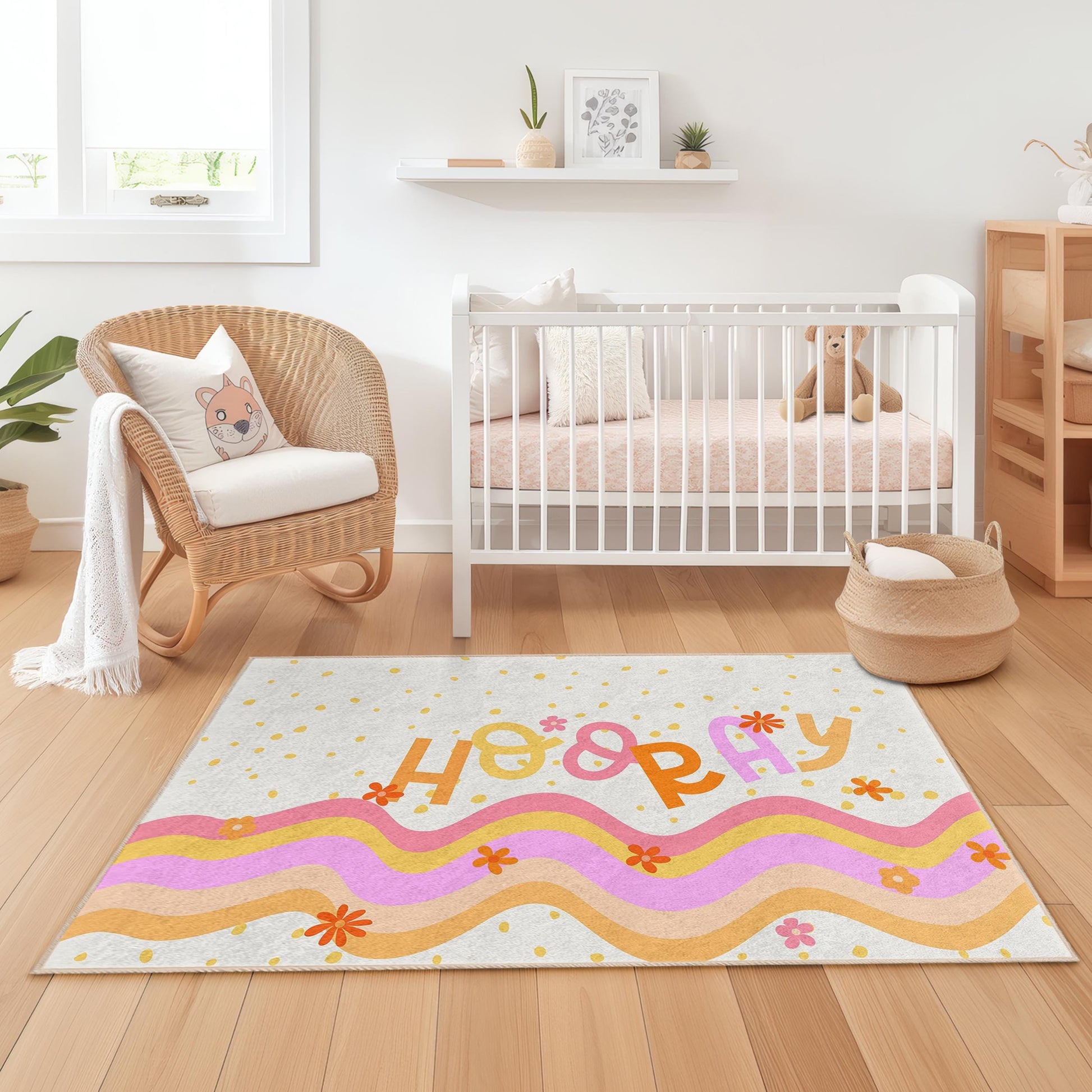 Happy Waves Colorful Kids Rectangle Rug, Playful Nursery Carpet, Joyful Room Decor, Kids Bedroom Mat, Fun Playroom Rug