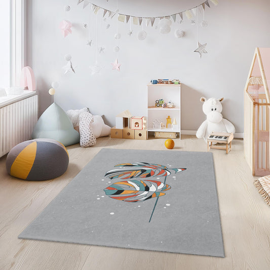 Colorful Monstera Leaf Rectangular Kids Rug, Tropical Plant Area Rug, Nursery Decor, Kids Room Soft Carpet, Playful Design