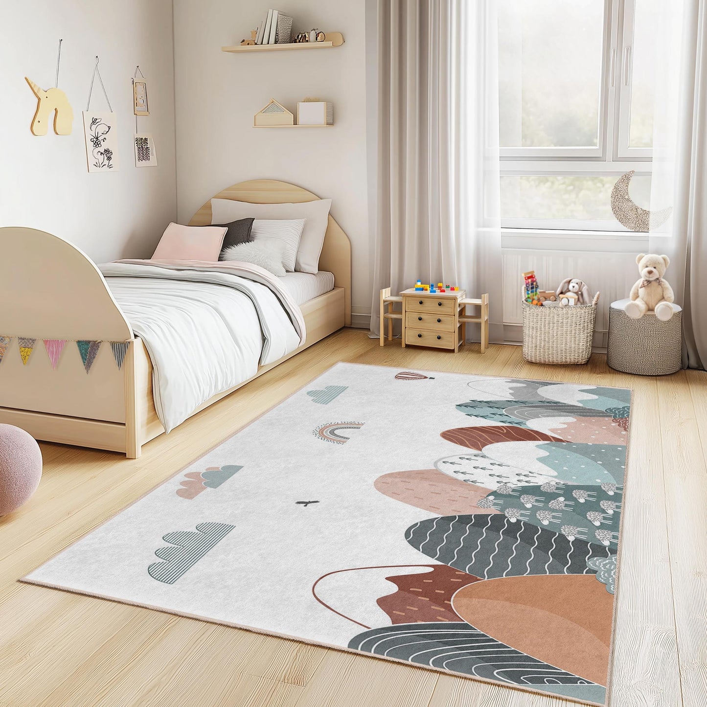 Mountain Landscape Kids Room Rug, Rectangular Playroom Carpet, Soft Nursery Decor, Stylish Kids Rug, Nature Inspired Design