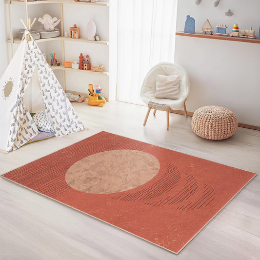 Abstract Circle Design Area Rug, Modern Rectangular Kids Room Carpet, Boho Style Nursery Decor, Soft and Cozy Play Mat