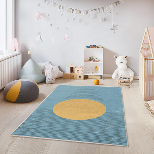 Abstract Sun and Waves Rectangle Kids Rug, Modern Playroom Carpet, Colorful Nursery Decor, Soft Area Rug for Children