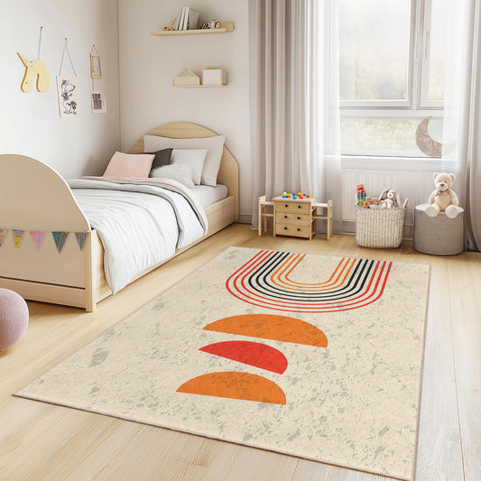 Colorful Retro Semi-Circle Pattern Rectangular Rug, Modern Geometric Area Rug, Kids Room Decor, Playroom Floor Mat
