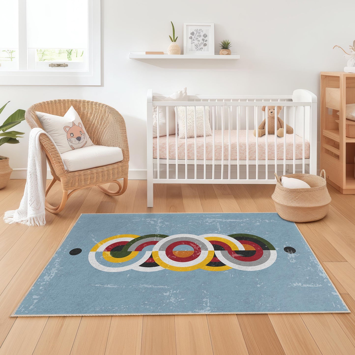 Colorful Geometric Round Pattern Area Rug, Modern Kid's Room Carpet, Rectangular Play Mat, Nursery Decor, Vibrant Children's Rug