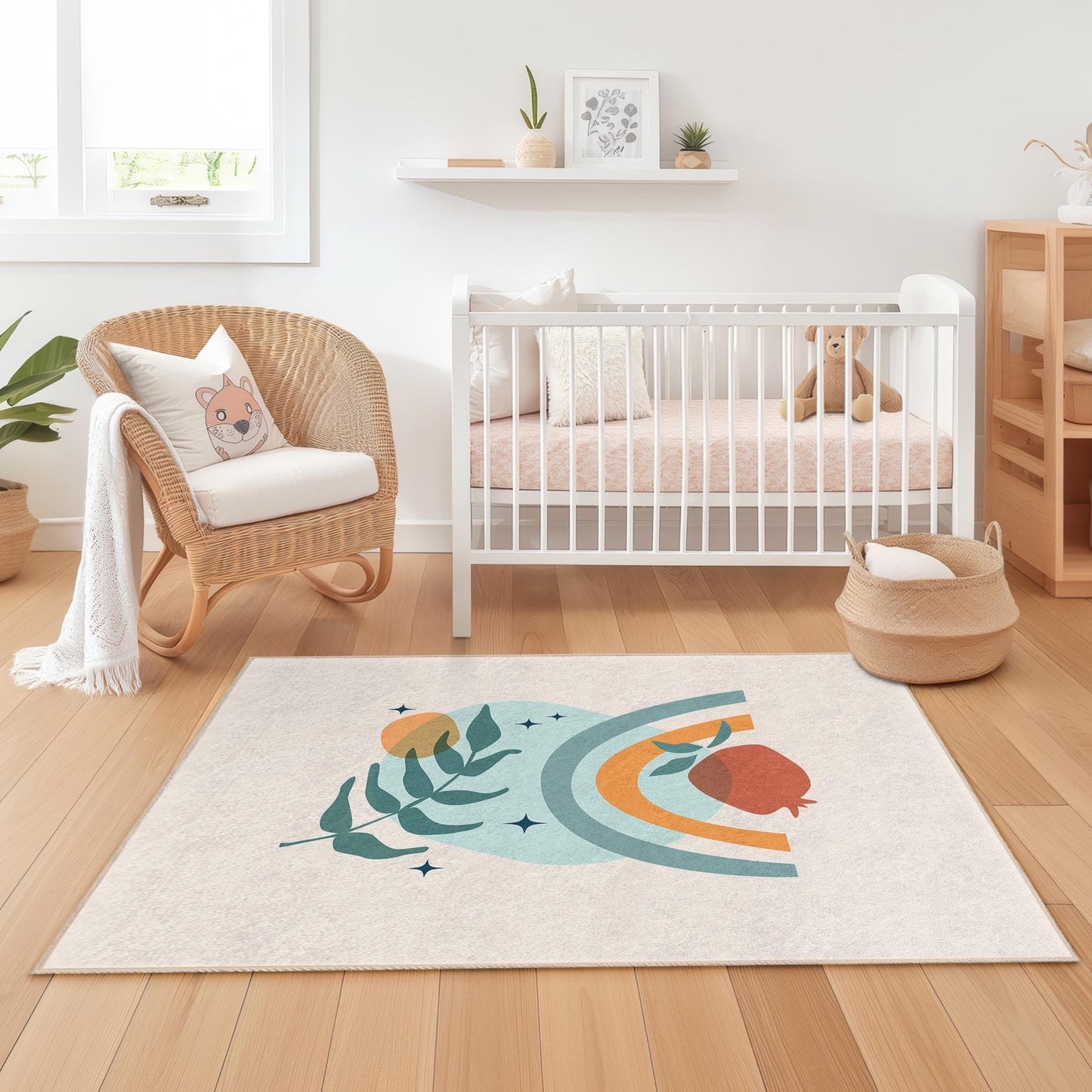 Colorful Rainbow and Leaf Pattern Rectangular Kids Rug, Playroom Carpet, Nursery Decor, Child's Room Area Rug, Vibrant Kids Carpet