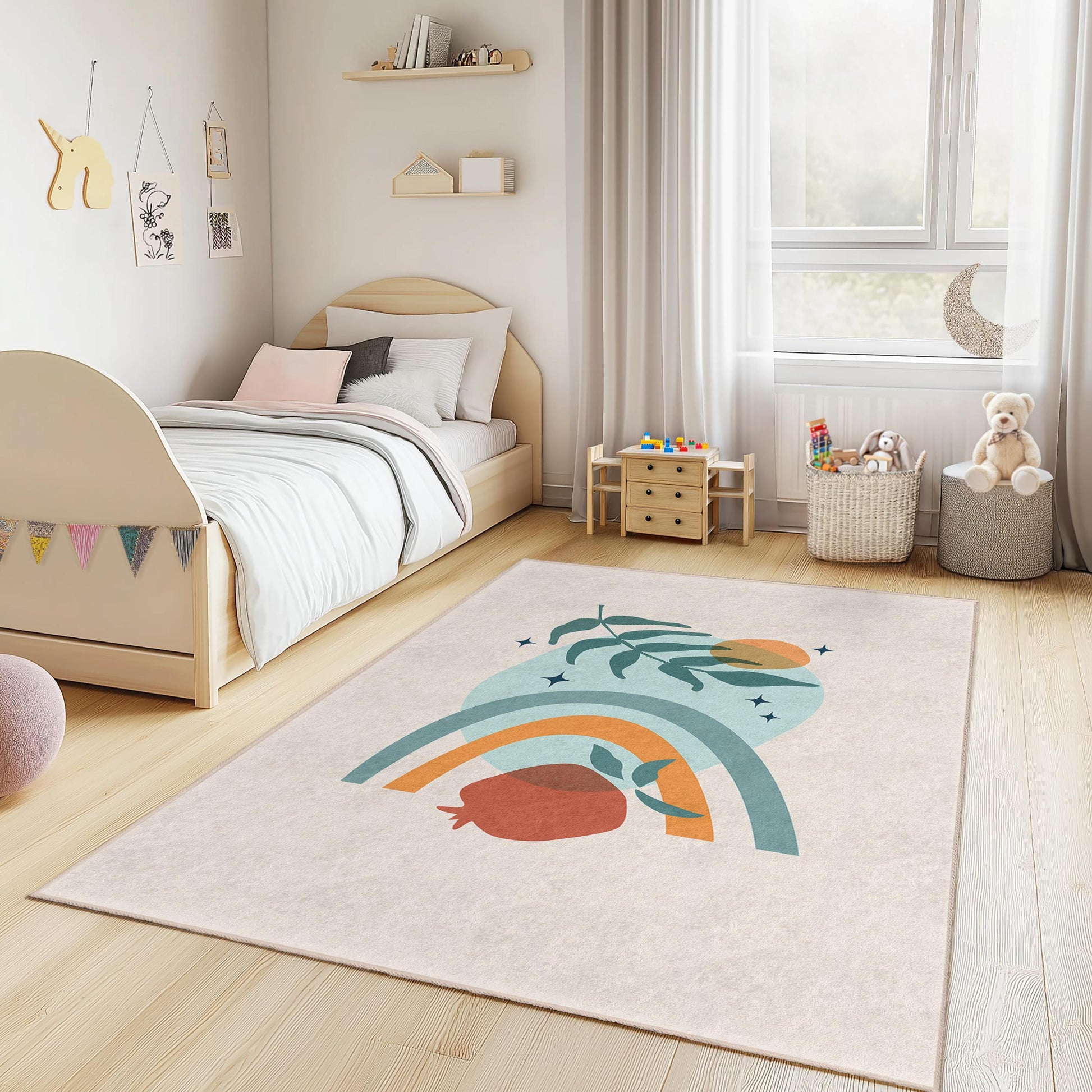 Colorful Rainbow and Leaf Pattern Rectangular Kids Rug, Playroom Carpet, Nursery Decor, Child's Room Area Rug, Vibrant Kids Carpet