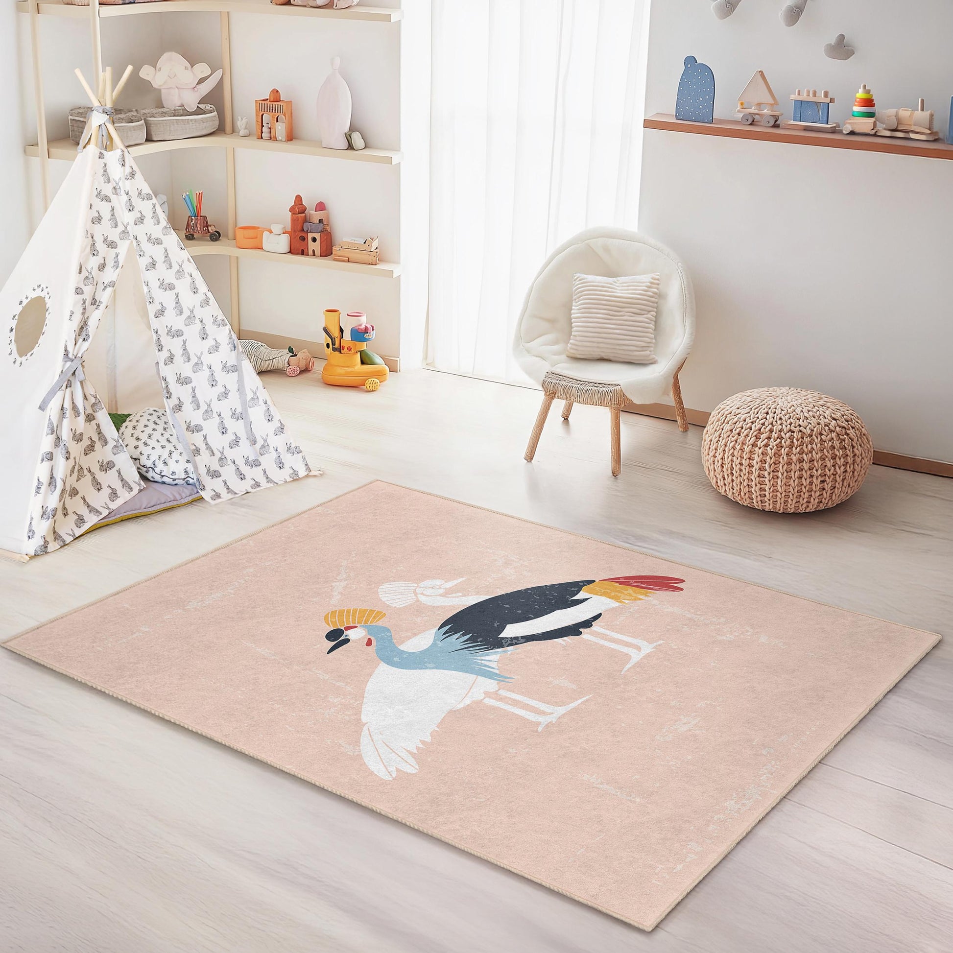 Colorful Crane Pattern Rectangular Kids Rug, Playful Bird Design Area Rug, Nursery Decor, Soft Kids Room Carpet