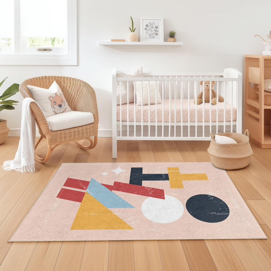 Geometric Pattern Rectangle Rug for Kids Room, Colorful Play Mat, Modern Nursery Decor, Soft Kid's Carpet, Stylish Children's Rug