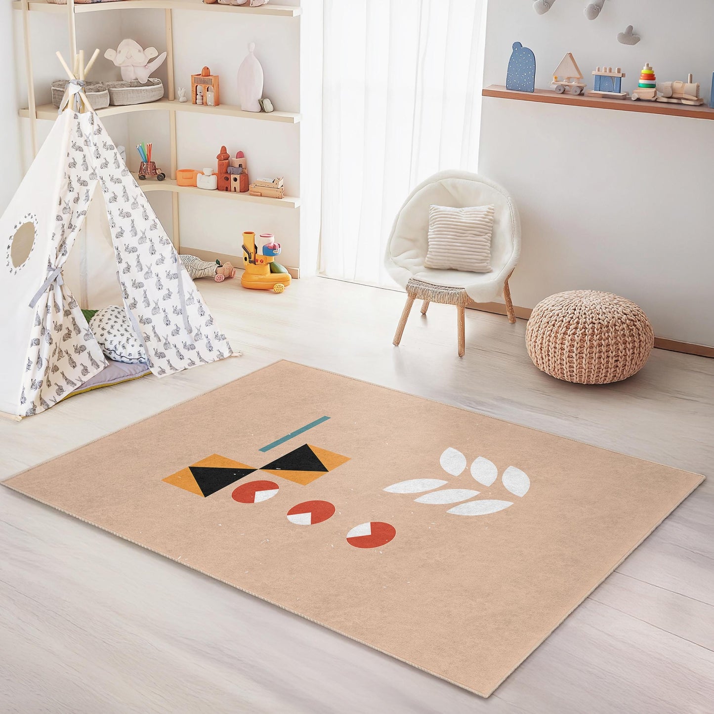 Geometric Kids Rug: Modern Playroom Carpet, Colorful Nursery Decor