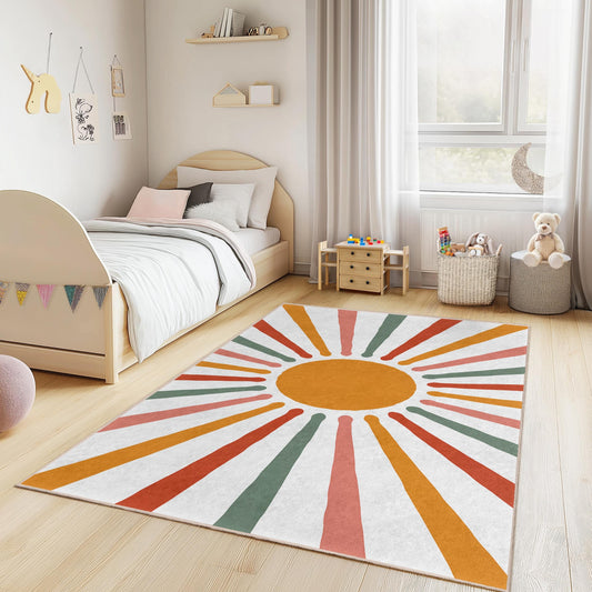 Sunshine Burst Colorful Kids Rectangular Rug, Kids Room Carpet, Playroom Decor, Bright Nursery Rug, Fun and Playful Mat