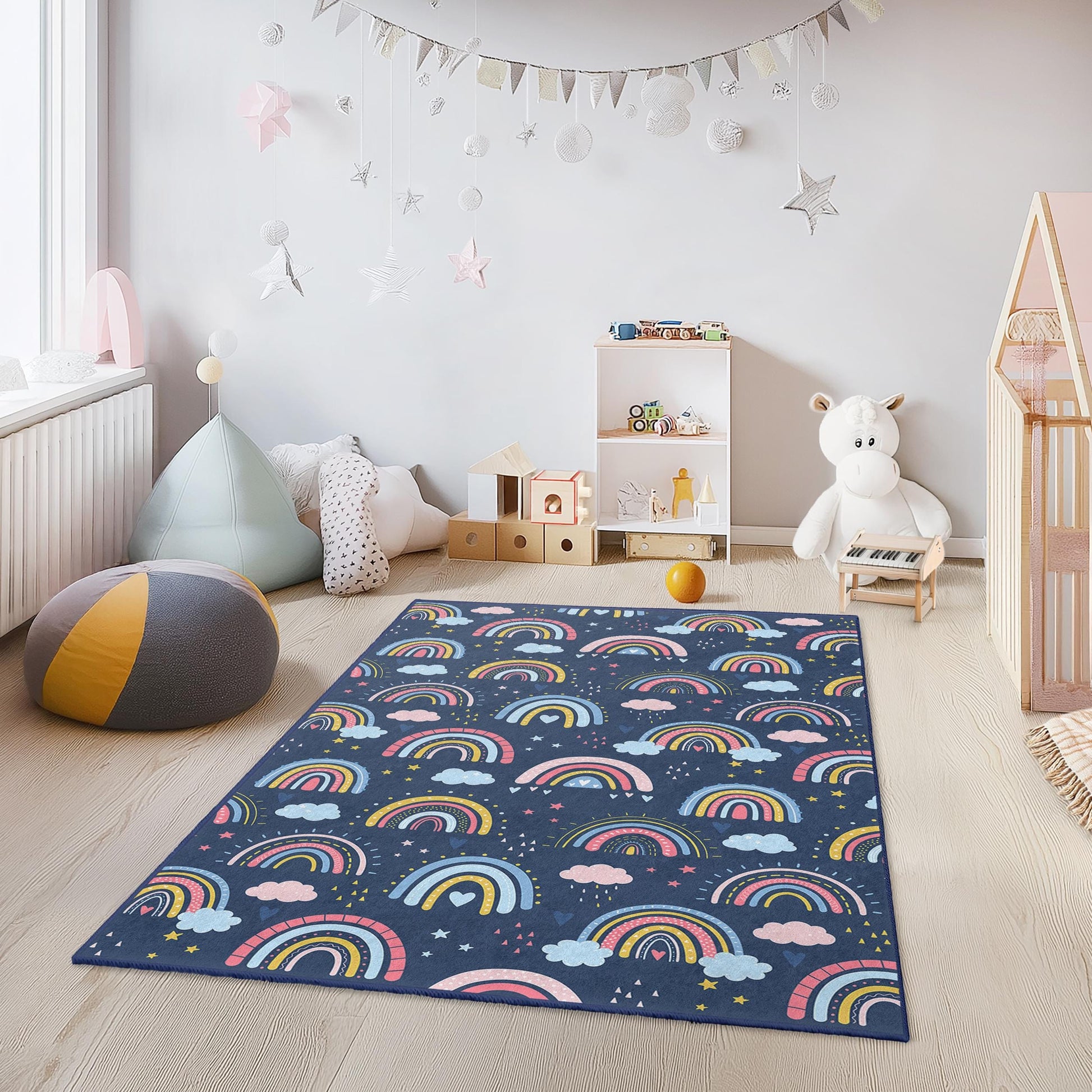 Rainbow Dreams Soft Rectangular Kids Rug, Colorful Rainbow Carpet, Playroom Decor, Nursery Rug, Kids Bedroom Rug