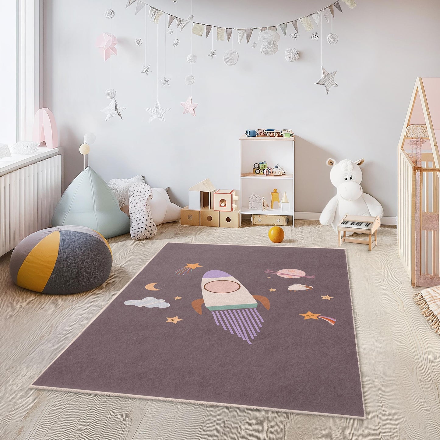 Rocket Adventure Kids Rug, Outer Space Themed Rectangle Rug, Playroom Decor, Galaxy Rug for Children, Nursery Carpet