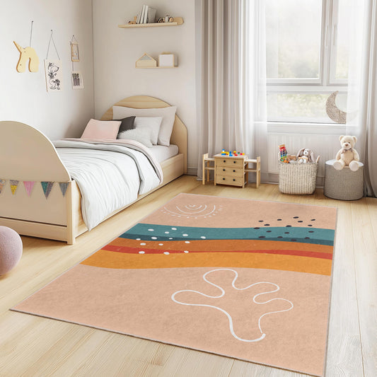 Colorful Abstract Waves Rectangle Rug, Modern Kids Room Carpet, Playful Nursery Decor, Trendy Home Flooring, Stylish Area Rug