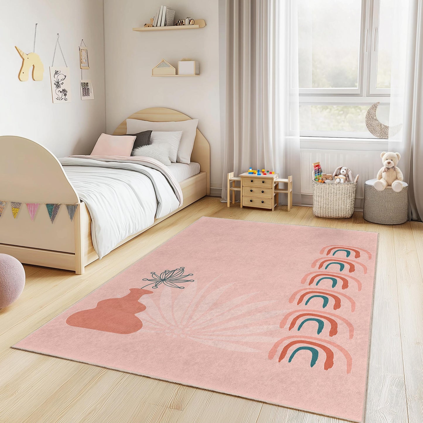 Pastel Rainbow and Flower Patterned Kids Rectangular Rug, Soft Nursery Carpet, Playroom Decor, Modern Kids Room Rug, Colorful Area Rug