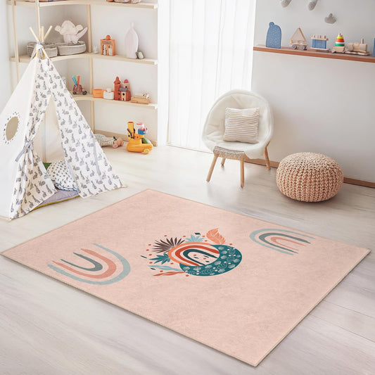 Colorful Rainbow Themed Rectangular Kids Rug, Playroom Decor, Nursery Carpet, Soft Play Mat for Children's Room, Kids Room Decor