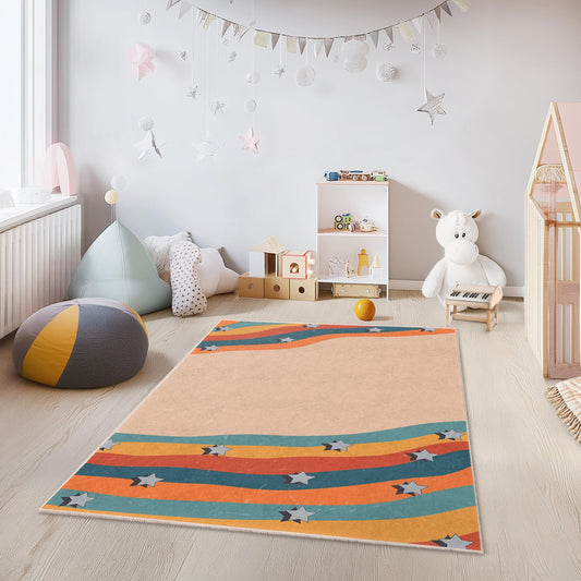 Colorful Star Waves Rectangular Kids Rug, Playroom Carpet, Nursery Decor, Vibrant Kids Room Rug, Soft Area Rug for Children
