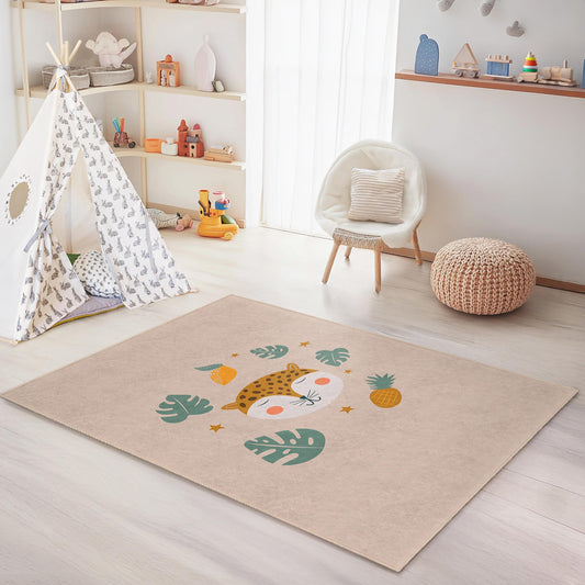 Cute Leopard Face Kids Rug, Animal Themed Rectangular Rug, Nursery Decor, Playroom Carpet, Soft Kids Room Mat