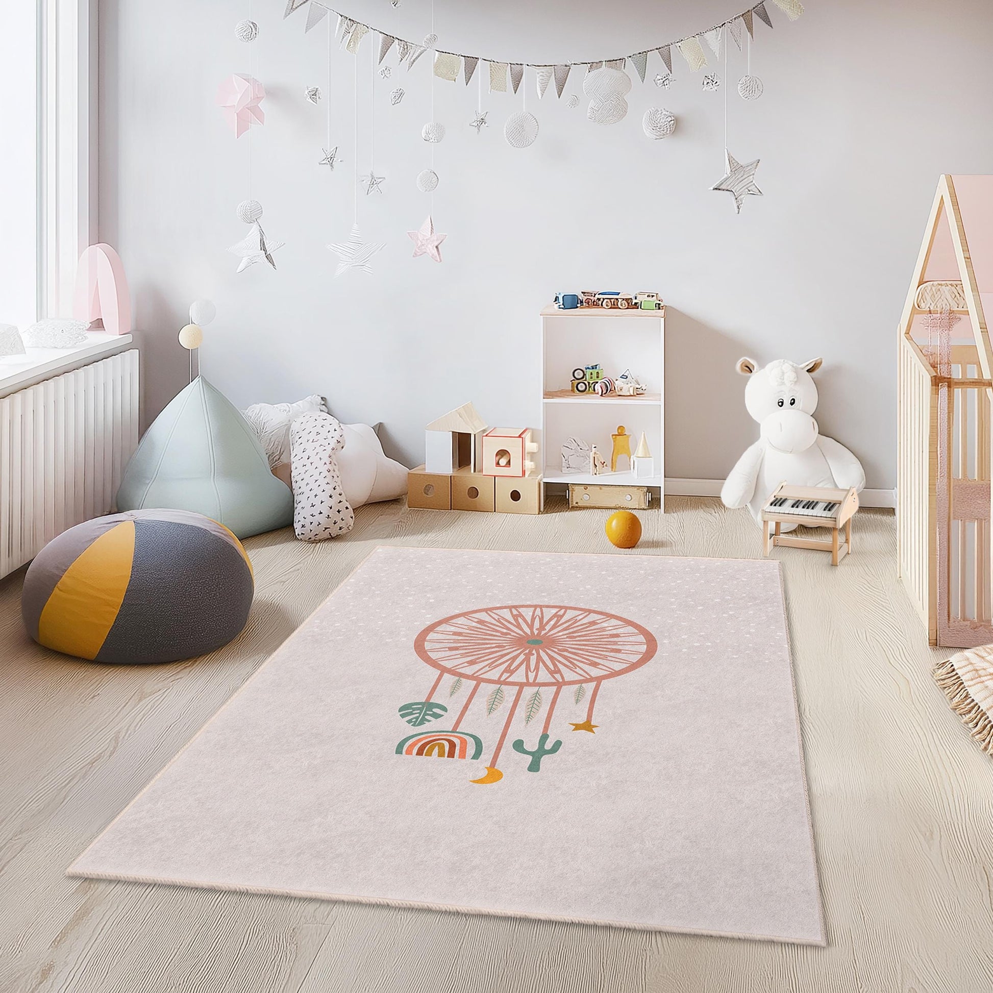Dream Catcher Design Rectangular Kids Rug, Cute Nursery Carpet, Boho Playroom Decor, Soft Child's Rug for Bedroom