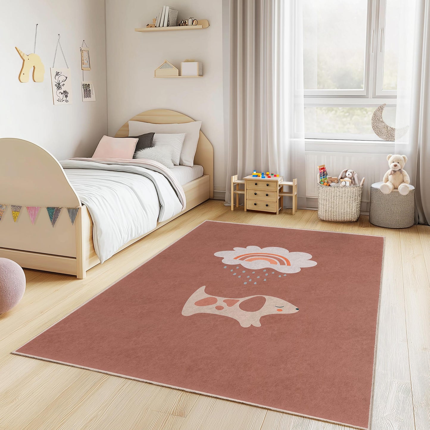 Cute Dog and Rainbow Pattern Rug, Kids Room Rectangle Rug, Playroom Decor, Nursery Carpet, Soft Pet Design for Children