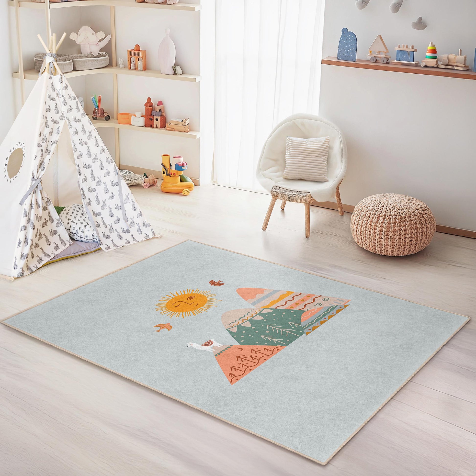Mountain Sun Kids Area Rug, Rectangular Playroom Carpet, Soft Nursery Rug, Kids Room Decor, Nature Theme Rug, Play Mat for Children