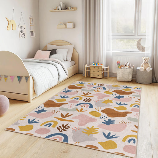 Abstract Colorful Shapes Kids Rug, Rectangular Playroom Carpet, Modern Nursery Decor, Rainbow Design Area Rug for Children