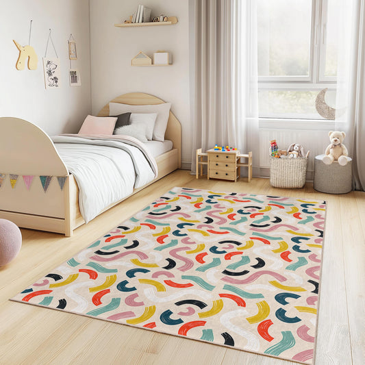 Colorful Abstract Waves Rectangular Kids Rug, Playroom Carpet, Modern Kids Room Decor, Nursery Area Rug, Fun Play Mat for Children
