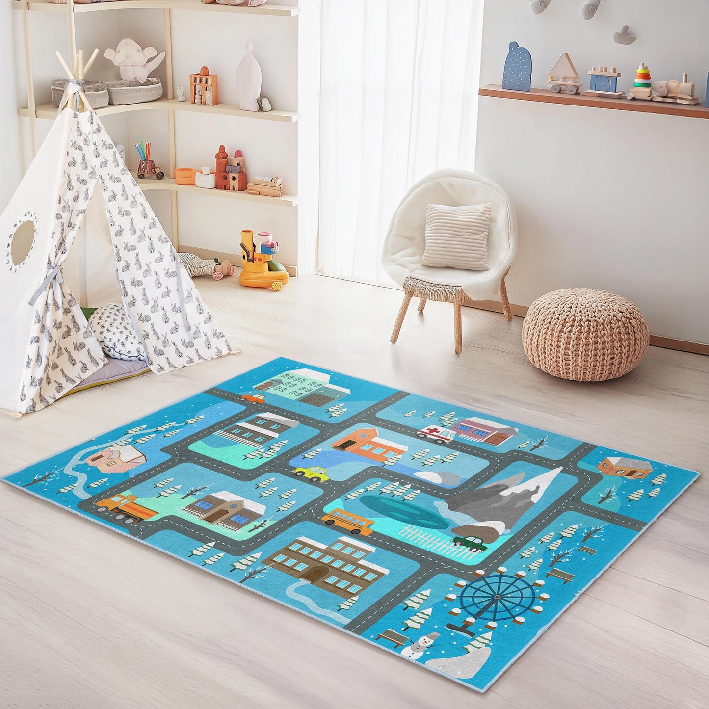 Winter Wonderland Kids Play Rug, Snowy Road Map Carpet, Rectangle Play Mat for Children, Cozy Nursery Decor, Interactive Kids Rug