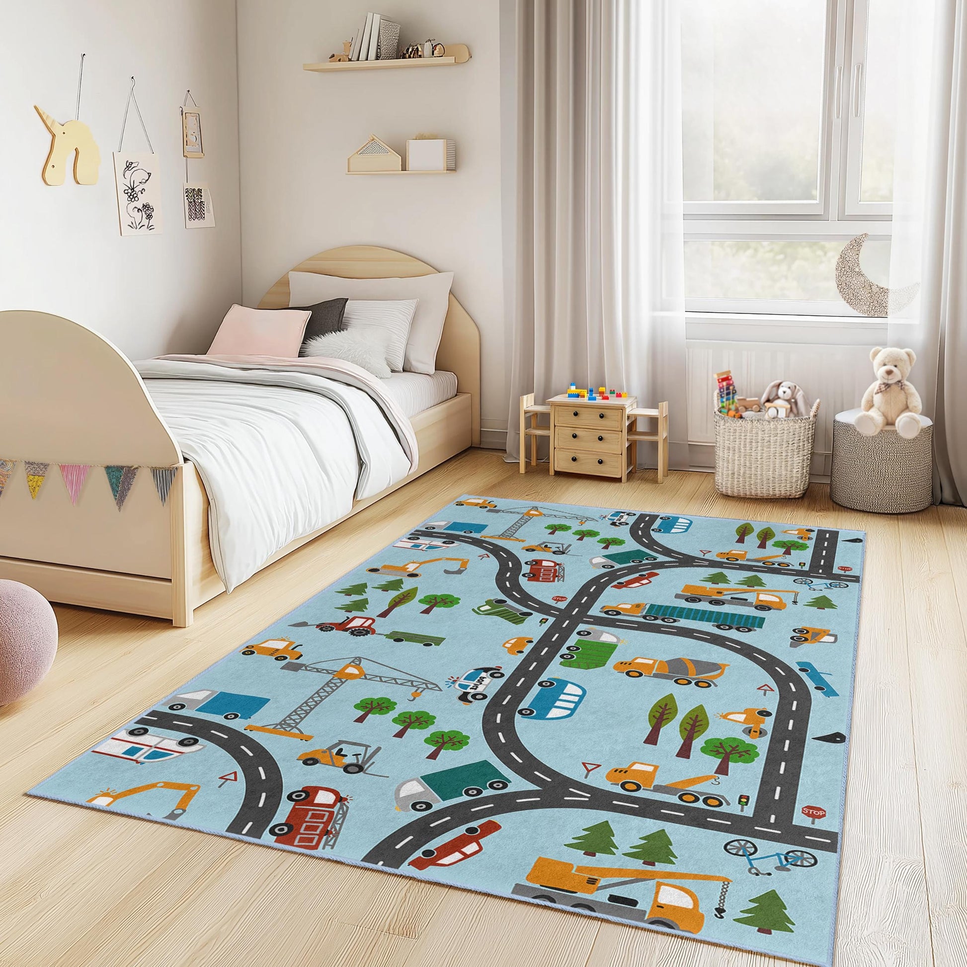 Construction Site Kids Play Rug, Truck and Vehicle Patterned Rectangular Rug, Road Map Carpet for Kids Room, Nursery Decor