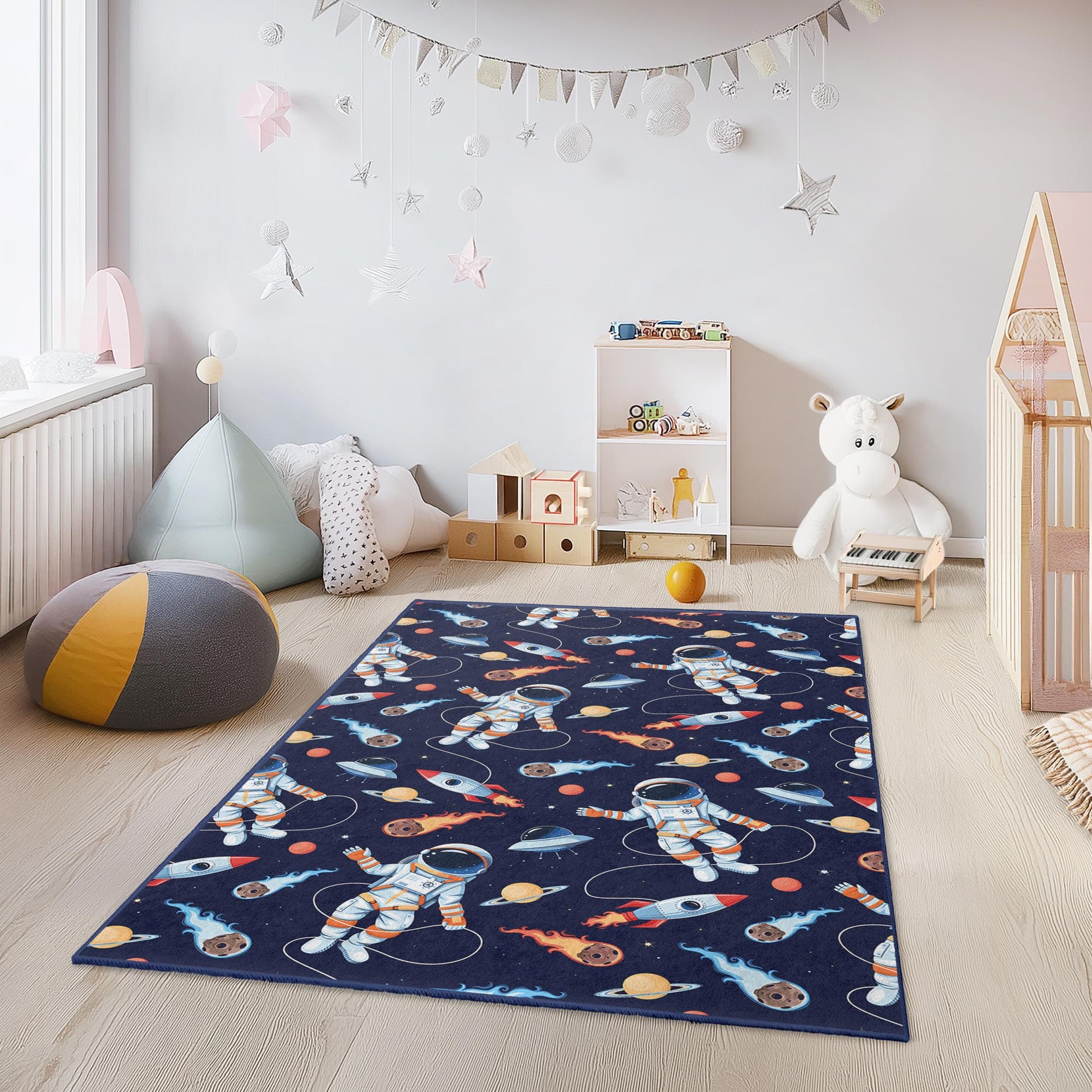 Astronaut Adventure Kids Rug, Space Theme Rectangle Rug, Outer Space Decor, Playroom Carpet, Kids Room Flooring