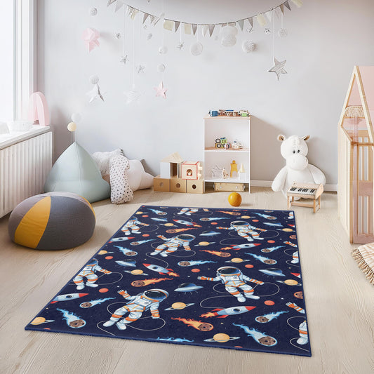 Astronaut Adventure Kids Rug, Space Theme Rectangle Rug, Outer Space Decor, Playroom Carpet, Kids Room Flooring