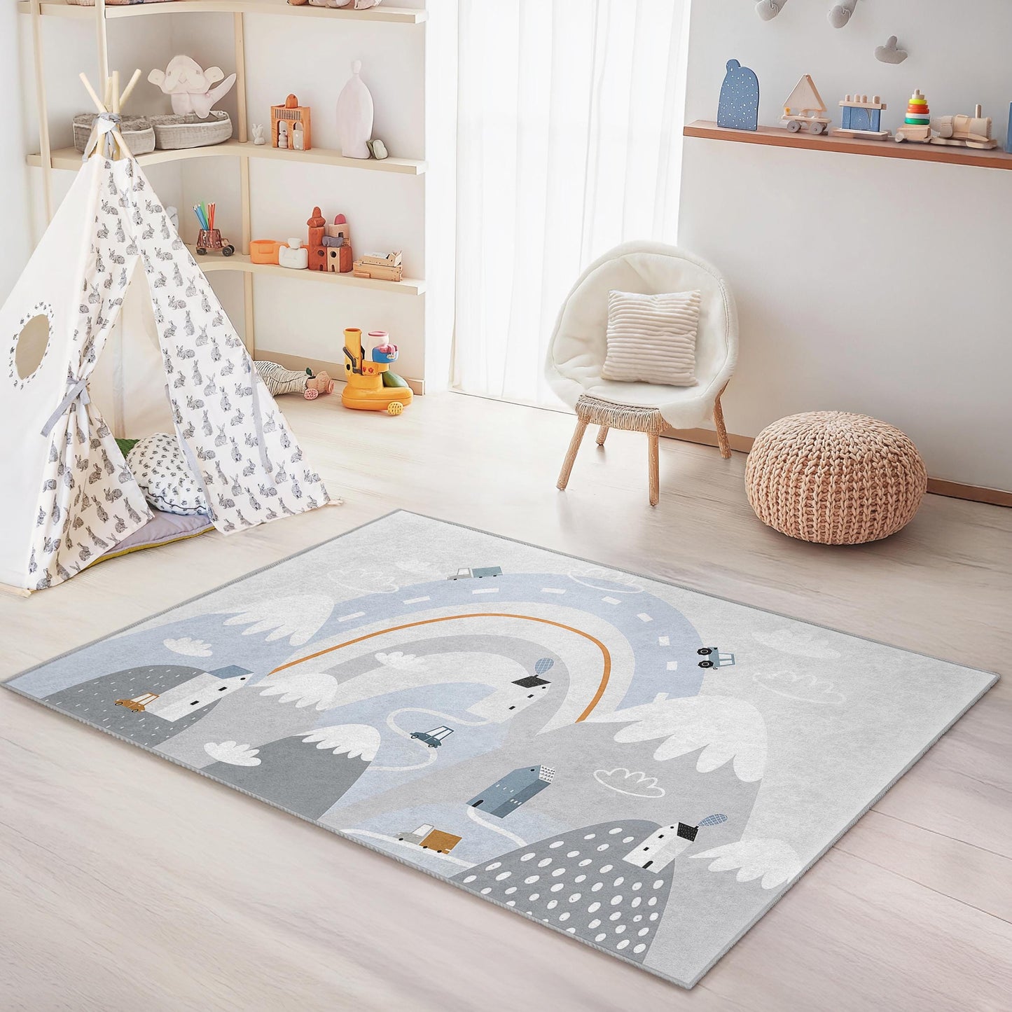 Whimsical Road Map Rectangular Kids Rug, Playtime Carpet for Children's Rooms, Soft Nursery Decor, Interactive Play Mat