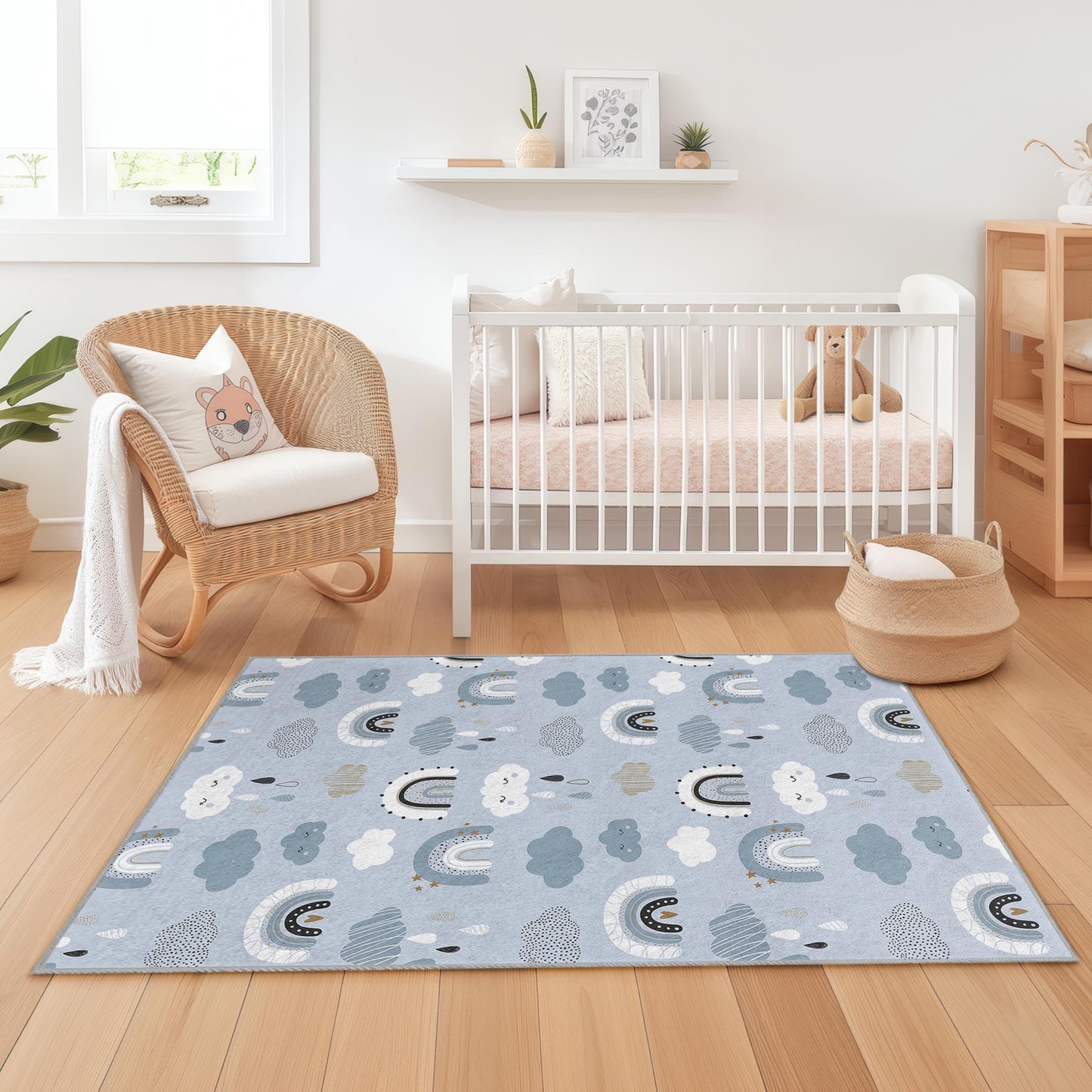 Cute Rainbow Pattern Rectangular Kids Rug, Soft Nursery Carpet, Playroom Decor, Clouds and Rainbows Rug, Adorable Kids Room Rug