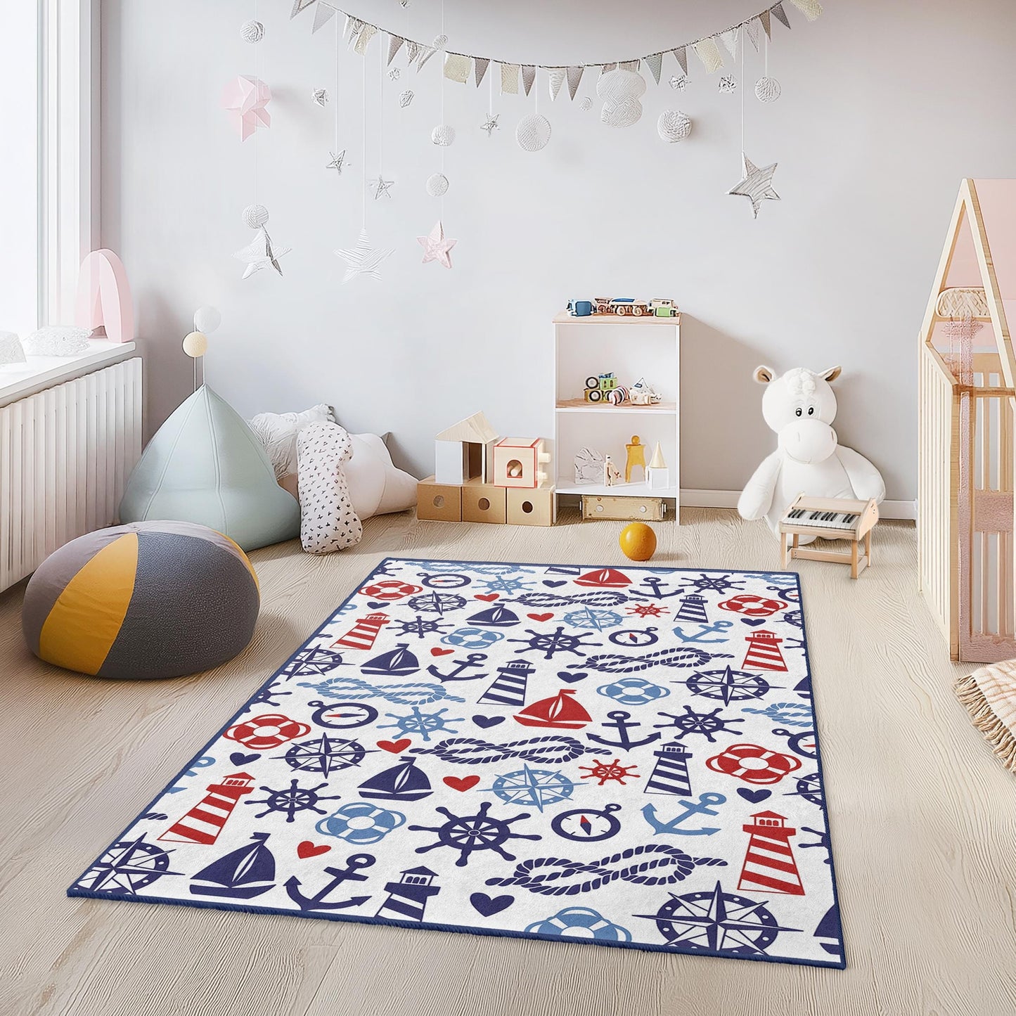 Nautical Adventure Kids Rug, Sailboat Pattern Rectangle Carpet, Sea Theme Kids Room Decor, Maritime Play Mat for Children