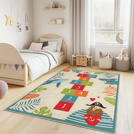 Colorful Pirate Adventure Kids Rug, Hopscotch Play Mat, Rectangular Kids Room Carpet, Fun Shark Decor, Nautical Nursery Rug