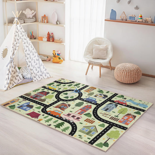Colorful City Road Map Kids Rug, Fun Playroom Carpet, Interactive Toddler Rug, Educational Decor for Children's Room