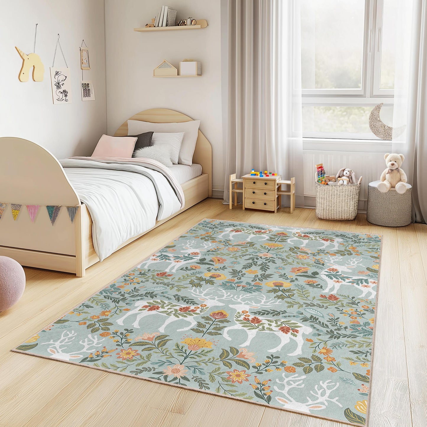 Floral Deer Pattern Rectangular Kids Rug, Nature Inspired Kids Carpet, Playroom Floor Mat, Nursery Rug, Floral Decor
