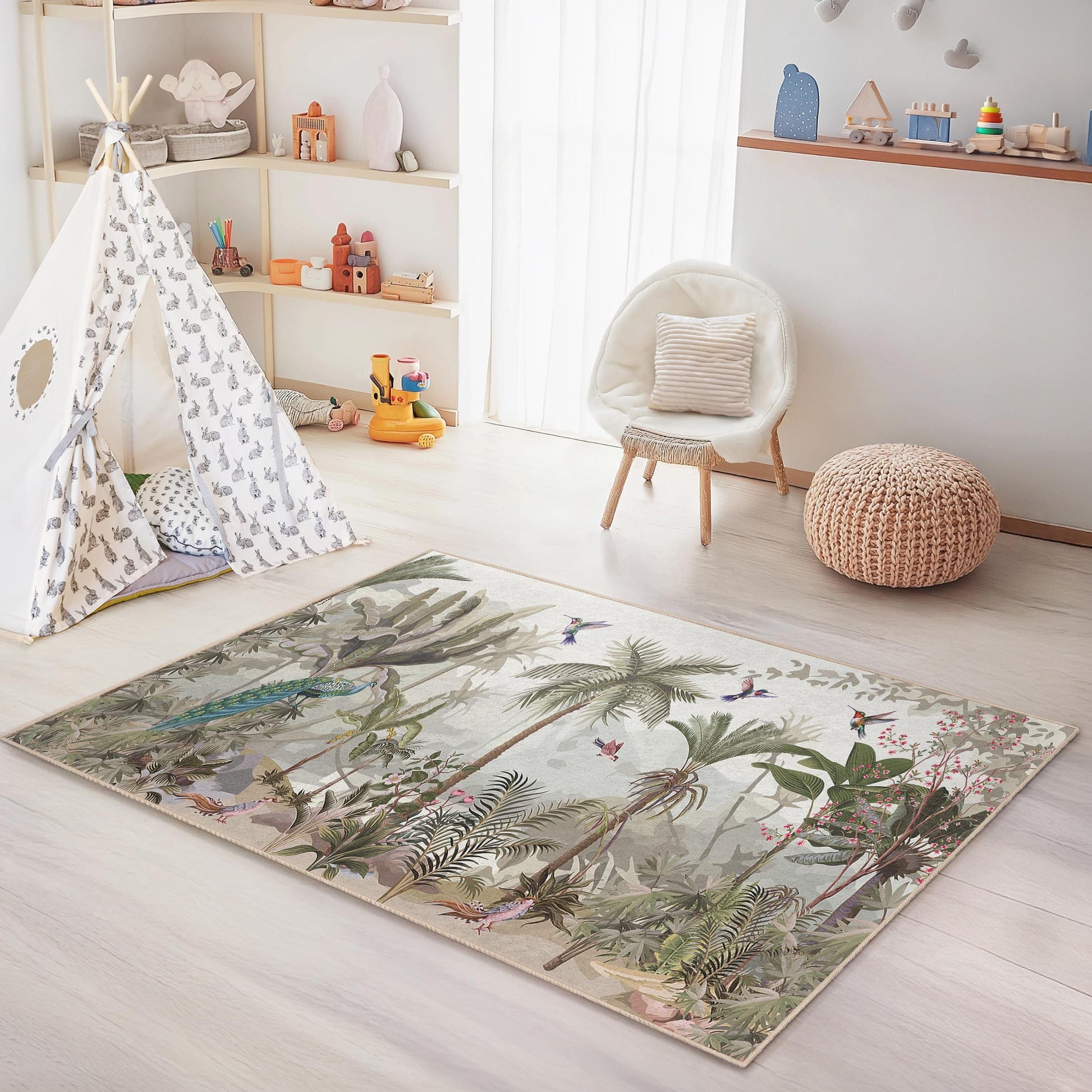 Tropical Paradise Kids Room Rug, Rectangular Floral Carpet, Nature Inspired Rug, Jungle Themed Playroom Decor, Kids Bedroom Rug