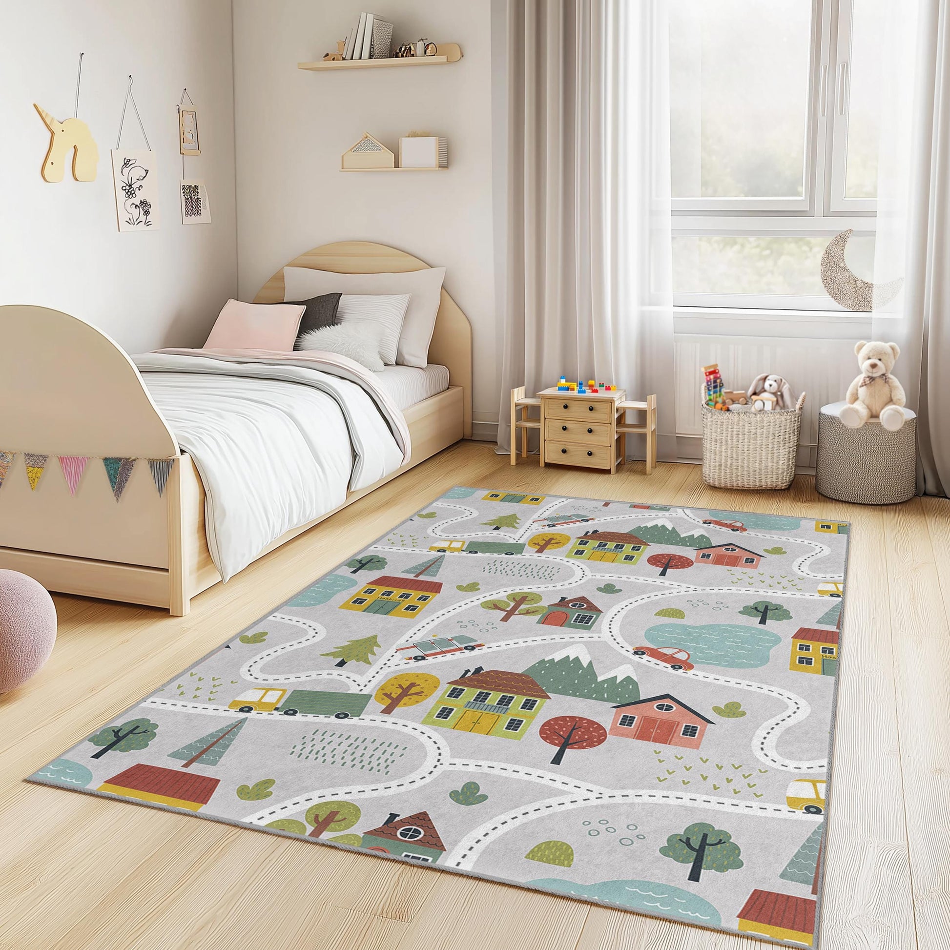 Colorful Town Road Map Play Rug, Interactive Kids Rectangle Rug, Fun Playroom Carpet, Nursery Decor, Soft Childrens Rug