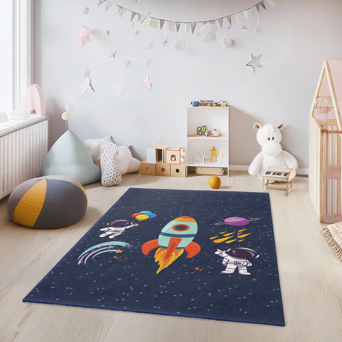 Space Adventure Kids Rug, Astronaut Rocket Carpet for Playroom, Kids Room Decor, Fun Galaxy Rug, Toddler Bedroom Mat