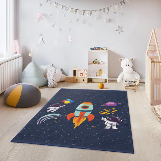 Space Adventure Kids Rug, Astronaut Rocket Carpet for Playroom, Kids Room Decor, Fun Galaxy Rug, Toddler Bedroom Mat