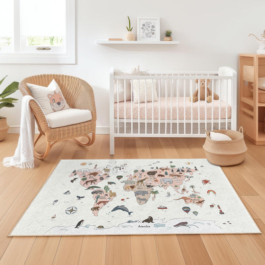 Whimsical Animal Map Kids Rug, Colorful Animal Themed Rug, Fun Playroom Carpet, Rectangular Kids Room Decor, Nursery Rug